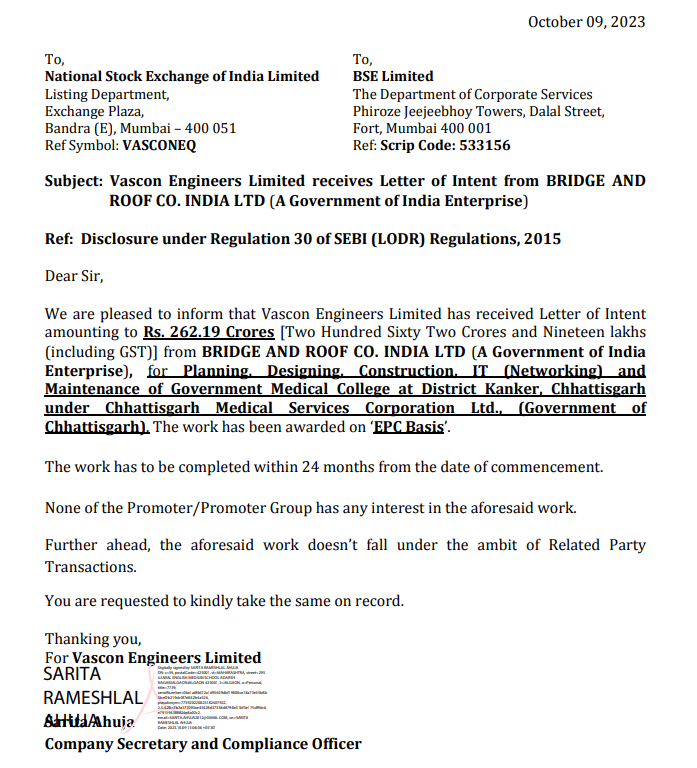 SafeGainz's tweet photo. #vascon Engineers received order of Rs.262.19 Crores from BRIDGE AND ROOF CO. INDIA LTD.
since last week stock is +20% already
#markets #stockmarkets #StocksToBuy #vasconengineering https://t.co/C5pDZ5Wn3P