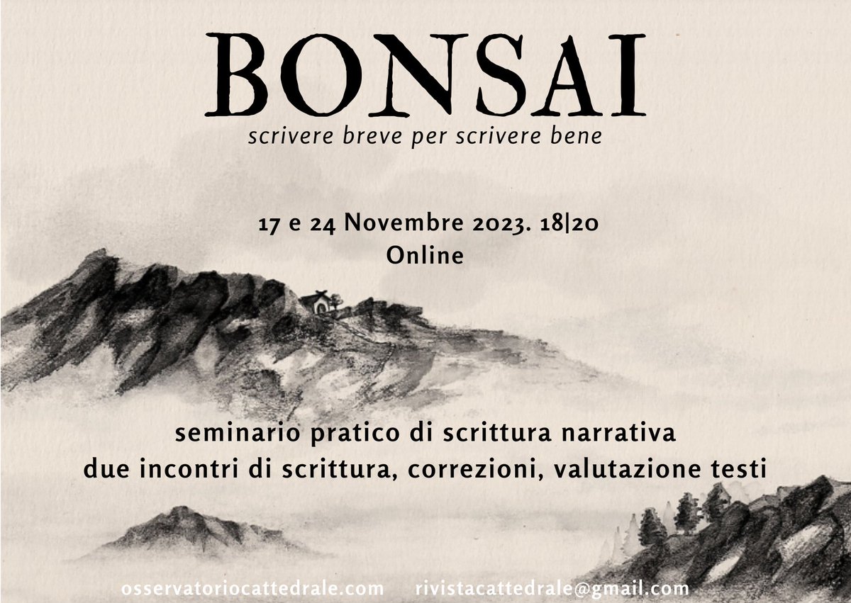 Cattedrale (@cattedralemag) on Twitter photo ๐ณ BONSAI, scrivere breve per scrivere bene
Qui programma e iscrizioni โก๏ธ bit.ly/TCPercorsiBrevi
Un seminario pratico di scrittura narrativa, insieme a <a href="/MiloneRossella/">Rossella Milone</a> ๐
#OsservatorioCattedrale ๐ณ BONSAI, scrivere breve per scrivere bene
Qui programma e iscrizioni โก๏ธ bit.ly/TCPercorsiBrevi
Un seminario pratico di scrittura narrativa, insieme a <a href="/MiloneRossella/">Rossella Milone</a> ๐
#OsservatorioCattedrale