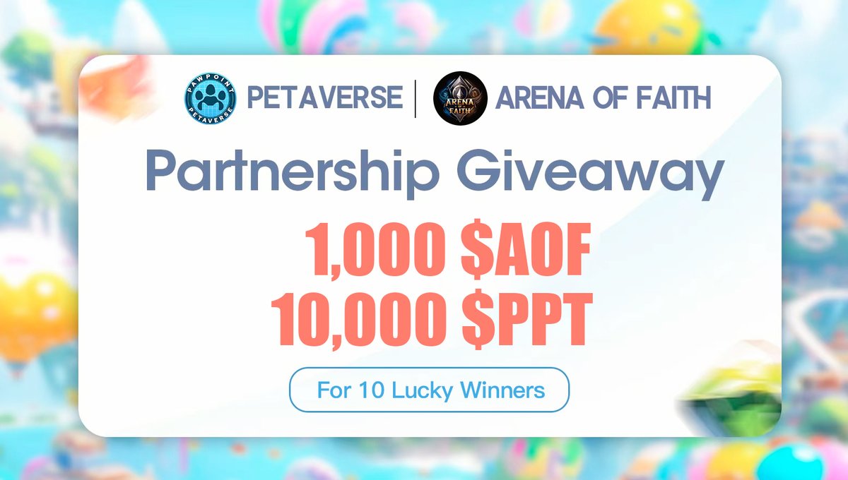 ZkPetaverse's tweet photo. 🎉  Partnership  Giveaway!🎉

🏆 1,000 $AOF + 10,000 $PPT X 10 Lucky Winners

😎 How to Enter

1️⃣ RT this post & Follow @Zkpetaverse @moba_aof
2️⃣ Join Petaverse discord: 
https://t.co/cJjyYMwNMY
3️⃣ Join Arena of Faith discord：
https://t.co/G98kkQggIR
4️⃣Join Telegram: https://t.co/XQtfq2FeYQ
5️⃣Join Telegram: https://t.co/Olmh72tYGZ

⏳ 48 Hours
#Giveaways #GameFi  #Community #MOBA $AOF