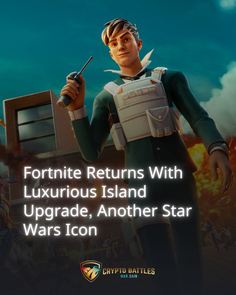 Cryptobattlesio's tweet photo. #Fortnite is making a grand comeback with a lavish island upgrade and a new #StarWars icon. It's introducing a refreshed map called "Chapter 3" with enhanced graphics &amp; more interactive features. Moreover, an iconic #StarWarscharacter, #BobaFett, is joining the #Fortniteuniverse. https://t.co/9gplPEJUeh