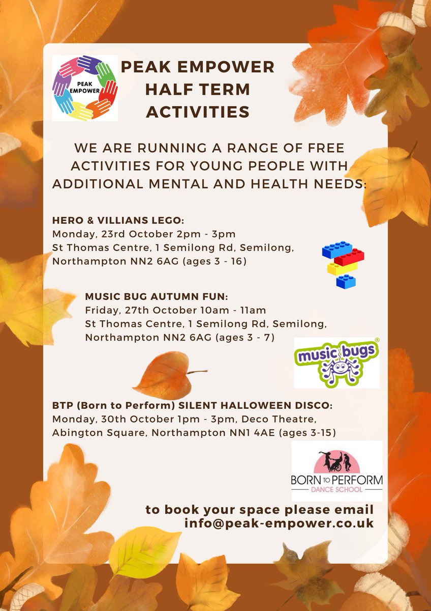 EmpowerPeak's tweet photo. We have a number of exciting activities for the October half term #Lego #musicbugs #silentdisco #BorntoPerform #Northampton https://t.co/LrDyQzYmKt