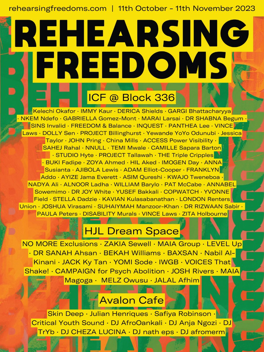 Healing Justice Ldn (@hjusticeldn) on Twitter photo 2 DAYS TO REHEARSING FREEDOMS FESTIVAL ✨🔥🫀 Oct 11 - Nov 11
rehearsingfreedoms.com/programme
<a href="/tweetskindeep/">Skin Deep</a> <a href="/Kwajotweneboa/">KWAJO- Social Issues Campaigner</a> <a href="/kelechnekoff/">Kelechi</a> <a href="/CopwatchNetwork/">Copwatch Network</a> <a href="/NExclusions/">No More Exclusions #Free 🇵🇸</a> <a href="/Gargi_at_home/">Gargi Bhattacharyya</a> <a href="/SoSowemimo/">Dr Annabel</a> <a href="/PantheaLee/">Panthea Lee 李佩珊</a> <a href="/we_level_up/">Level Up</a> <a href="/thebrownhijabi/">Suhaiymah Manzoor-Khan</a> @NdefoNkem <a href="/LDNRentersUnion/">London Renters Union</a> <a href="/johnpringdns/">Disability News Service</a> <a href="/YomiSode/">Yomi Ṣode 🇳🇬</a> 2 DAYS TO REHEARSING FREEDOMS FESTIVAL ✨🔥🫀 Oct 11 - Nov 11
rehearsingfreedoms.com/programme
<a href="/tweetskindeep/">Skin Deep</a> <a href="/Kwajotweneboa/">KWAJO- Social Issues Campaigner</a> <a href="/kelechnekoff/">Kelechi</a> <a href="/CopwatchNetwork/">Copwatch Network</a> <a href="/NExclusions/">No More Exclusions #Free 🇵🇸</a> <a href="/Gargi_at_home/">Gargi Bhattacharyya</a> <a href="/SoSowemimo/">Dr Annabel</a> <a href="/PantheaLee/">Panthea Lee 李佩珊</a> <a href="/we_level_up/">Level Up</a> <a href="/thebrownhijabi/">Suhaiymah Manzoor-Khan</a> @NdefoNkem <a href="/LDNRentersUnion/">London Renters Union</a> <a href="/johnpringdns/">Disability News Service</a> <a href="/YomiSode/">Yomi Ṣode 🇳🇬</a>