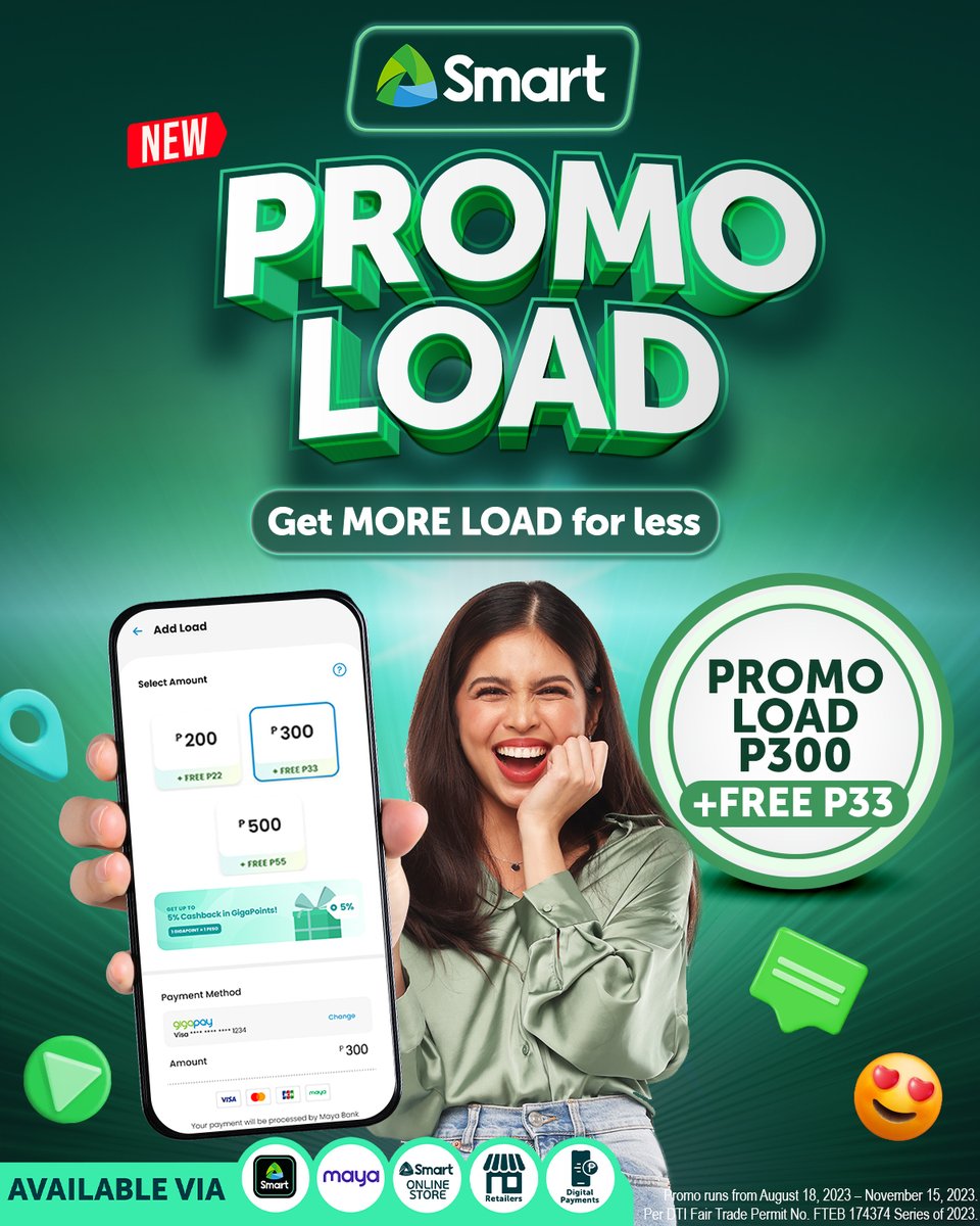 Embrace smarter spending with the new Smart Promo Load! Register to Promo Load 300 today and get a bonus P33 worth of load valid for 30 days. Load now via the Smart App: smrt.ph/SmartApp.TW #SmartPromoLoad