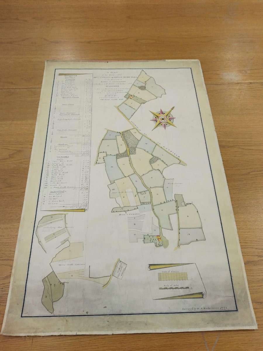 HertsArchives's tweet photo. For today's #MapMonday two of our staff chose this exquisite plan of Bettwells Farm and Hollybush Hall in St Steven’s parish, St Albans (Ref: 75166). It includes a boldly drawn compass rose and the table of reference and scale drawn as scrolls.

#Maps #Smallford #StAlbans https://t.co/7AYRZfkGCl