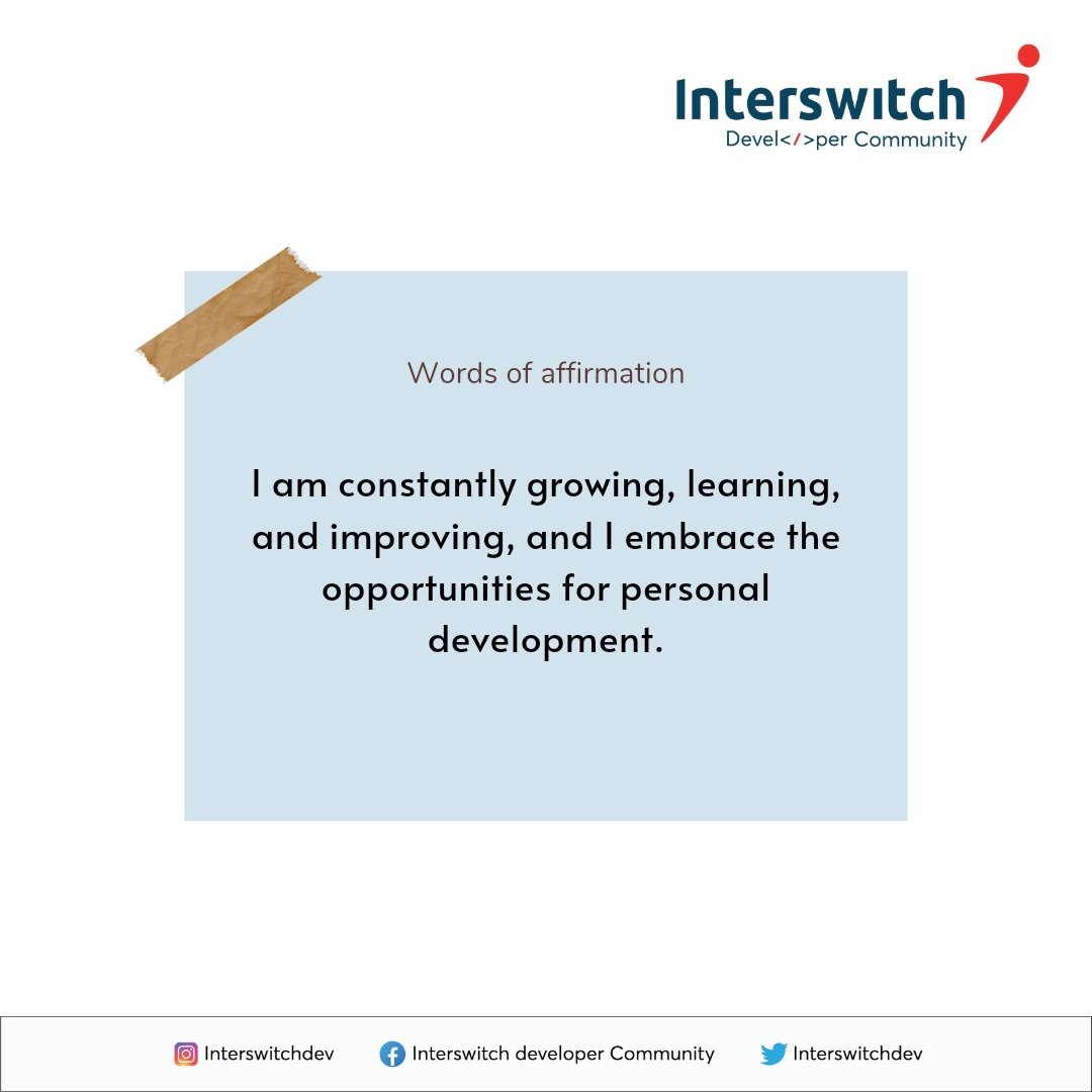 InterswitchDev's tweet image. Happy new week Devs ☺️
Let's make sure we aren't just saying this affirmation but working towards it.
Have a great week.
#Interswitchdevelopercommunity
#Weeklyaffirmation
#Interswitchdeveloper
#Interswitch