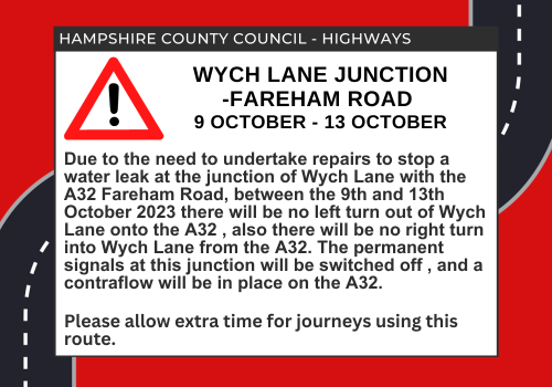 GosportCouncil's tweet image. Advanced Notice:-
Due to the need to undertake repairs to stop a water leak at the junction of Wych Lane with the A32 Fareham Road, between the 9th and 13th October 2023 there will be no left turn out of Wych Lane, also there will be no right turn into Wych Lane from the A32.