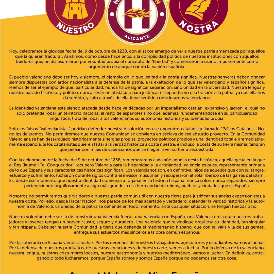 HN_Valencia's tweet photo. Desde HacerNacion hemos realizado una acción conjunta las  tres delegaciones de la comunidad valenciana, una por cada provincia. 

Este 9 de octubre, los valenciamos reclamamamos nuestra identidad histórica y rechazamos la invasión catalanista

Feliz 9 de octubre valencianos https://t.co/8PzJudSl8L