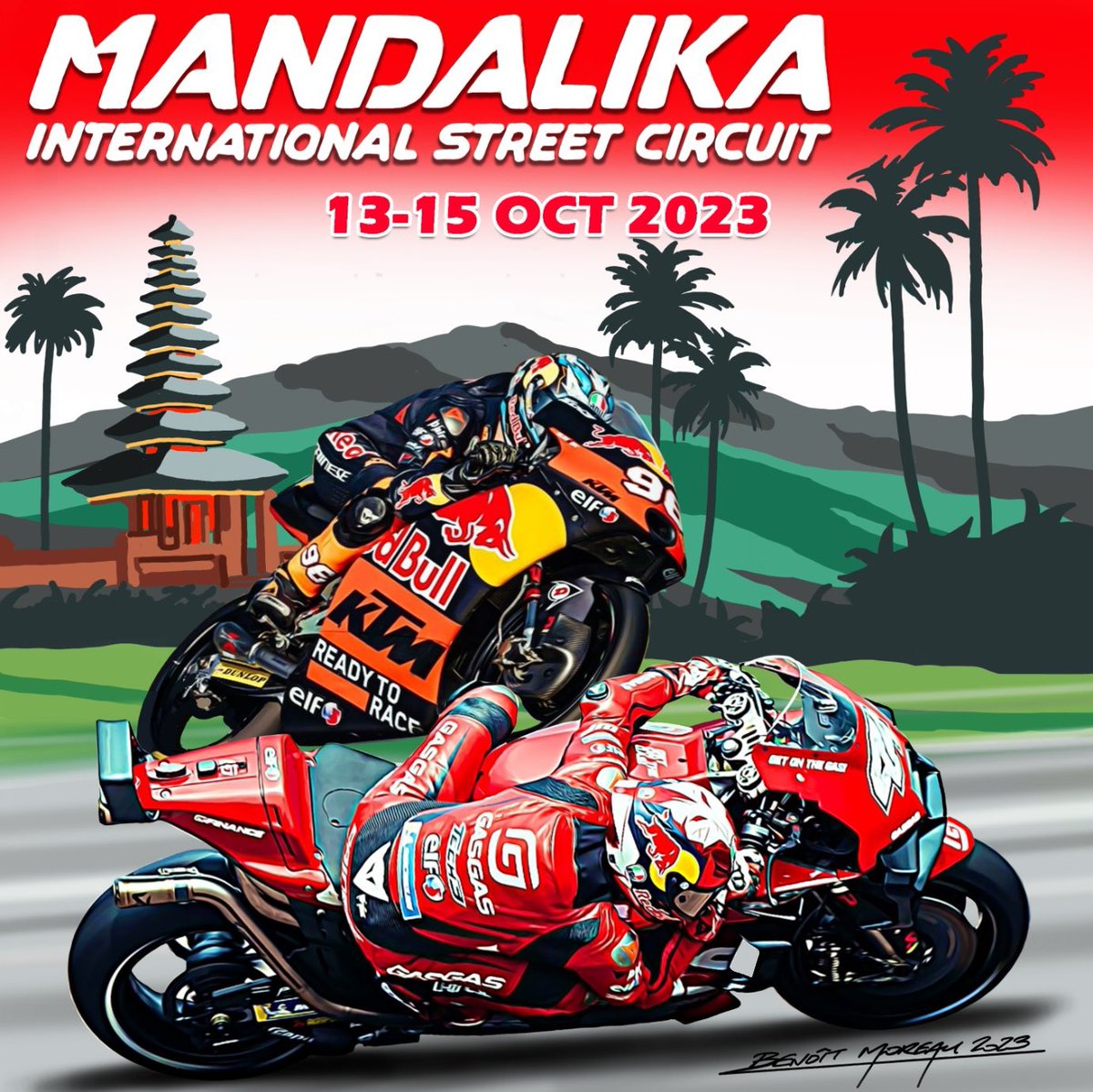 Tech3Racing's tweet image. Selamat sore Mandalika 🙏🏻 It’s race week and time for the #IndonesianGP 🇮🇩 Super excited to be back on Lombok island and seeing again Indonesian fans 🏝️🌊😍

🎨 @BMoreauDessins 

#GASGASFactoryRacingTech3 #RedBullKTMTech3 #MotoGP #Moto3