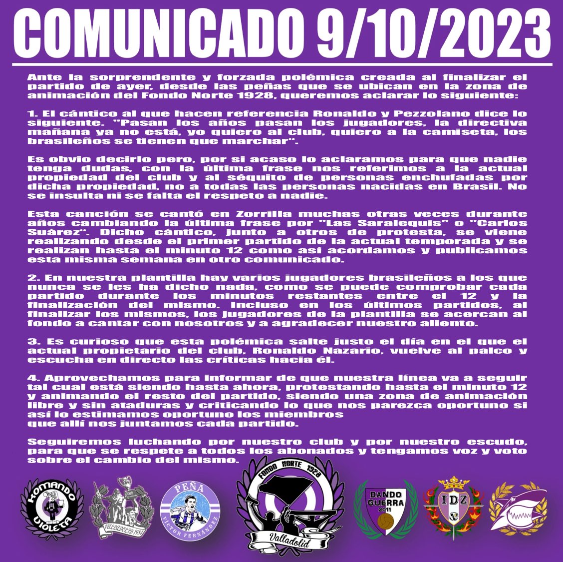 🚨COMUNICADO OFICIAL🚨

Volvemos a alzar la voz para exigir que cesen las faltas de respeto y descalificaciones hacia nuestro sector y el conjunto de la afición blanquivioleta.

Ni radicales, ni racistas. 

SIEMPRE animaremos y defenderemos al RV por encima de todo y de todos.