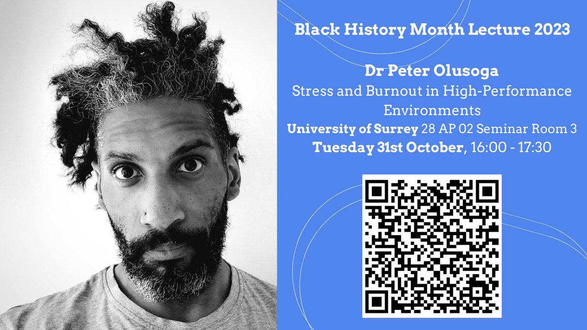 Check our Dr Pete Olusoga’s podcast #EightPercentMental episode with Beverley Knight eightypercentmental.com/2022/12/17/3-0… Scan the QR code to register for his #BHM guest lecture on 31 Oct at #Surrey.