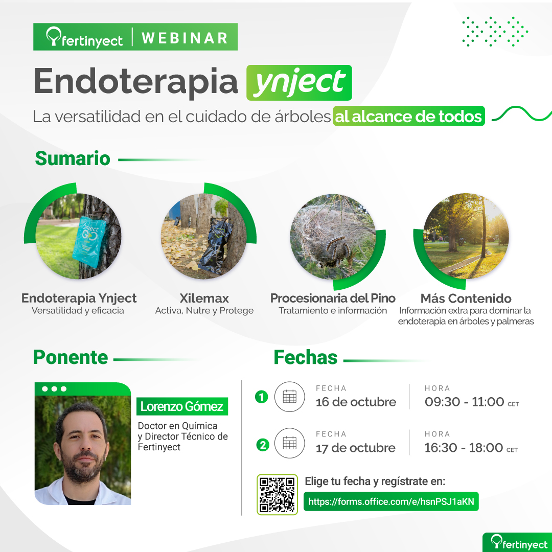 WEBINAR SOBRE ENDOTERAPIA YNJECT

🙋‍♀️Endoterapia Ynject, la versatilidad en cuidado de árboles al alcance de todos

🗓️Elige la fecha que mejor te encaje ¡Te esperamos! 
16 de octubre  09:30 o 17 de octubre  17:30 

📢Asistencia gratuita previa inscripción

amja.es/webinar-sobre-…