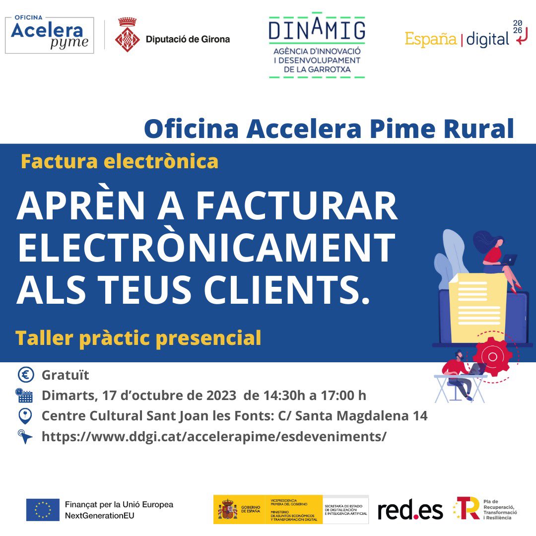 DiputacioGirona's tweet image. 📢Sabeu que la factura electrònica serà obligatòria ben aviat?
📩Empresaris i autònoms, aprofiteu aquesta formació pràctica i no us quedeu enrere!
🗓17 d’octubre
⏰14.30h
📍#SantJoanlesFonts
✅Gratuïta
✍️bit.ly/3Q1Mkop
#OficinasAcelerapyme #NextGenerationEU #PromoEcoDdgi