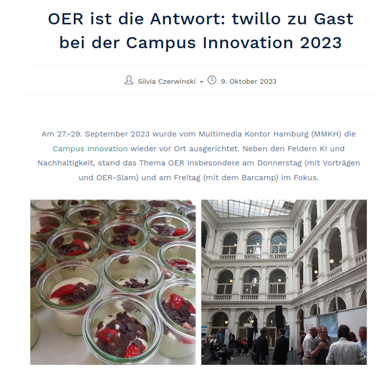 twillo_de's tweet photo. Wir haben die für uns wichtigsten Inhalte der Campus Innovation in einem Blogartikel zusammengefasst: https://t.co/A3Xmy3a0wf #CIHH23 #OER #OERde https://t.co/jBn3qf6EHQ
