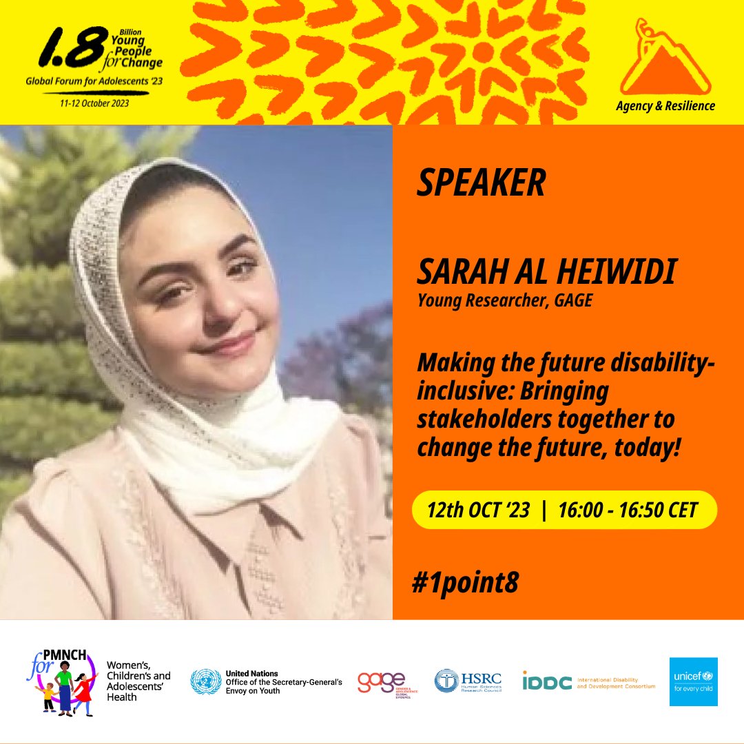 GAGE programme (@gage_programme) on Twitter photo Have you signed up for Global Forum for Adolescents yet?
This Thursday at 16.00-16.50 CET <a href="/alheiwidi/">Sarah alheiwidi</a> will be presenting GAGE research findings on the experiences of young people with disabilities.
Sign up here 👉bit.ly/3F6MiW2
#1point8 Have you signed up for Global Forum for Adolescents yet?
This Thursday at 16.00-16.50 CET <a href="/alheiwidi/">Sarah alheiwidi</a> will be presenting GAGE research findings on the experiences of young people with disabilities.
Sign up here 👉bit.ly/3F6MiW2
#1point8