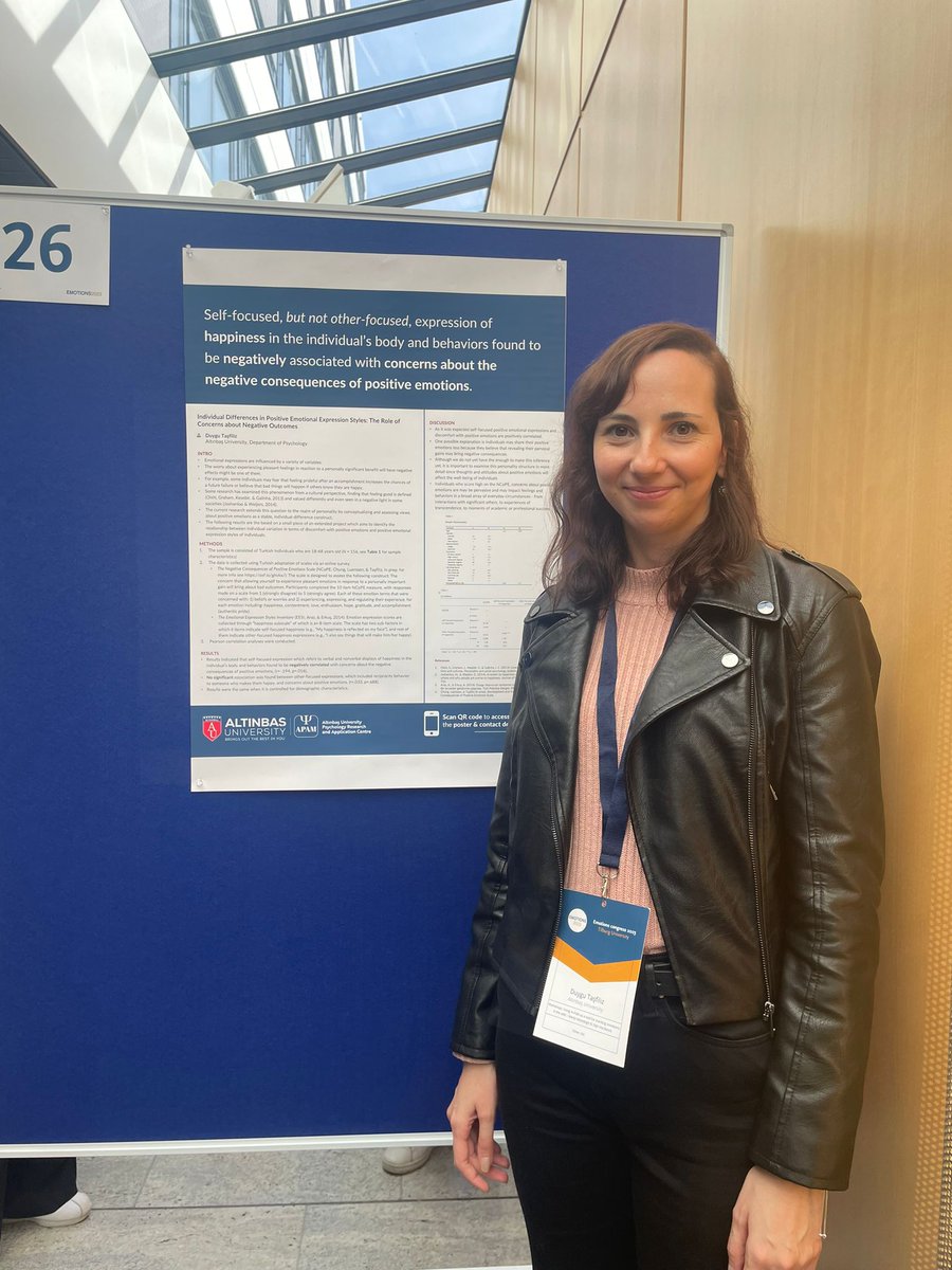 APAMaltinbasuni's tweet photo. The paper 'Individual Differences in Positive Emotional Expression Styles: The Role of Concerns about Negative Outcomes' that written by our Assist. Prof. Duygu TAŞFİLİZ has been presented by herself as a poster in Emotions 2023 Conference in Tillburg University. 👏 https://t.co/KQ4HAI2U87