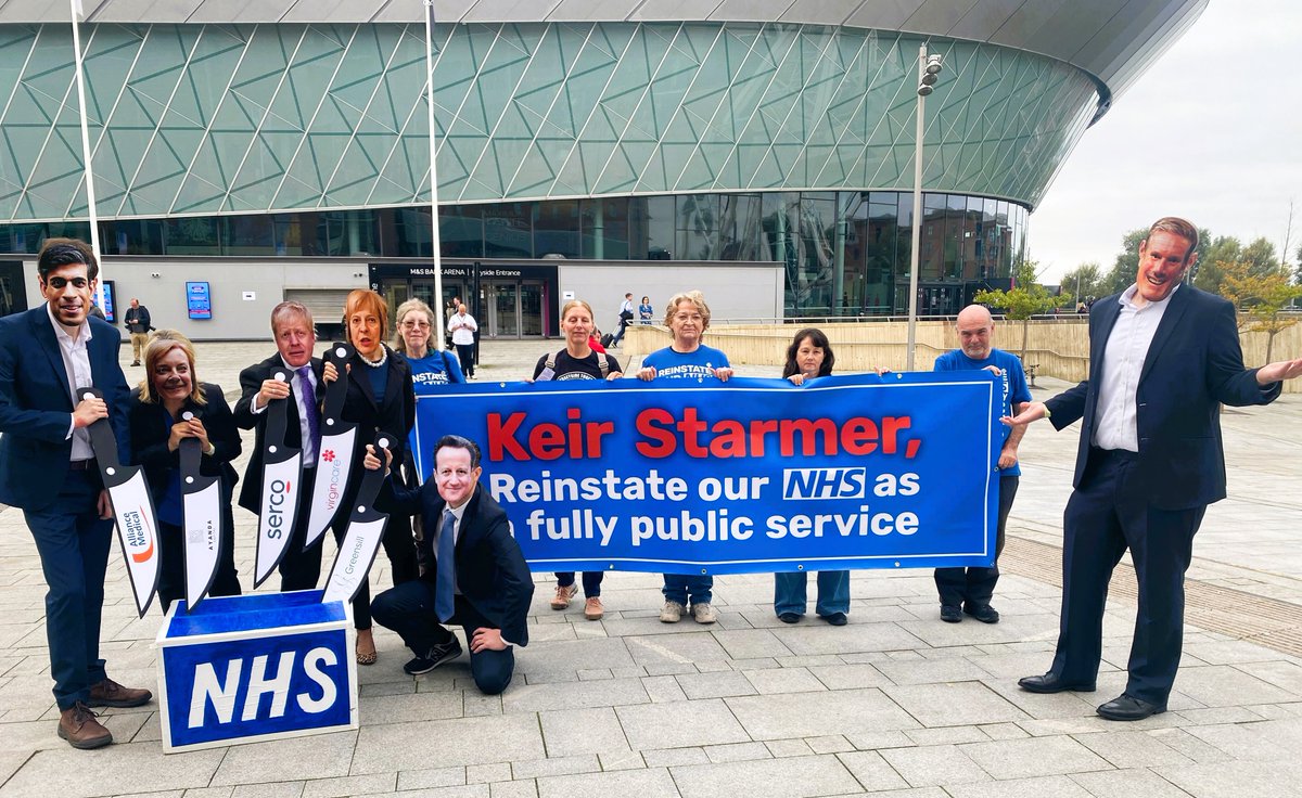 We_OwnIt's tweet photo. 🚨TODAY we are taking action outside the Labour Party conference.

📢After 5 Conservative prime ministers &amp; 13 years of NHS privatisation - NOW is the time for @Keir_Starmer to commit to #reinstateourNHS as a fully public service.

👉 https://t.co/UTIRq4o8ik - sign and share! https://t.co/aSmx6ORg1V
