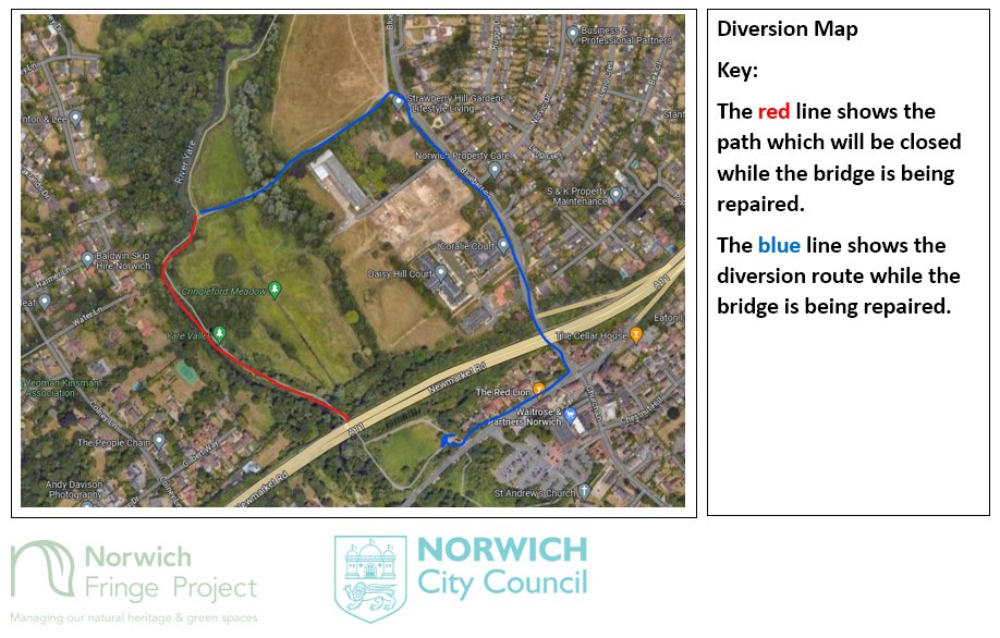 Norwich City Council have informed us of a planned path closure of the Yare Valley footpath on Tuesday 10 and Wednesday 11 October, to repair a bridge near Cringleford Meadow. The advised diversion route for pedestrians is Bluebell Road.