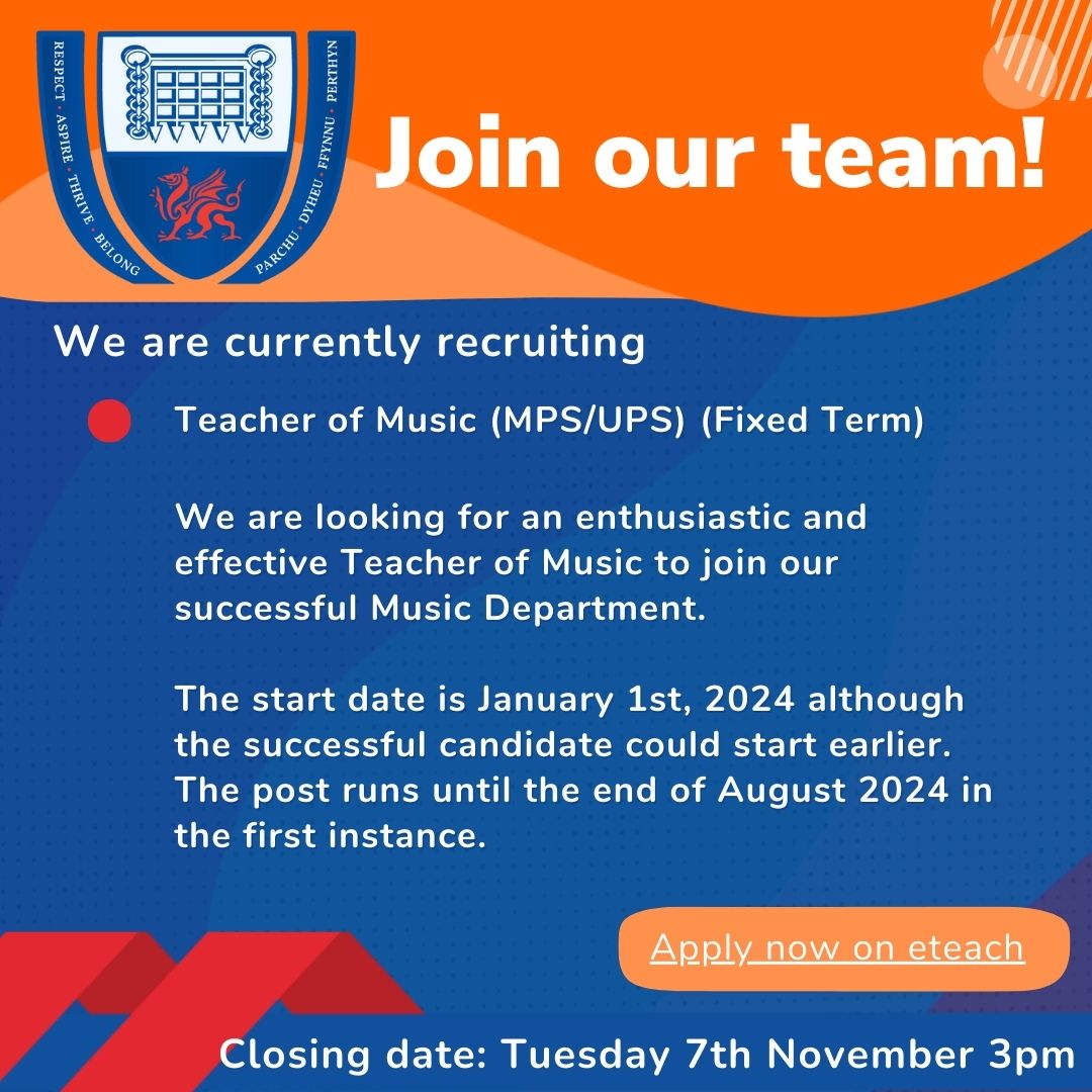 We are looking for an enthusiastic and effective Teacher of Music to join our successful Music
Department from January 1st, 2024 until the end of August 2024 in the first instance.

Applications close 7/11/23. For full details and to apply: eteach.com/jobs/penyrheol…