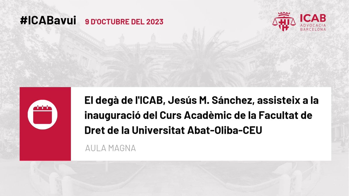 ICABarcelona's tweet photo. #ICABAvui Actes destacats de l'agenda institucional del Col·legi d'avui dijous 09/10/2023. https://t.co/662COnzvXg