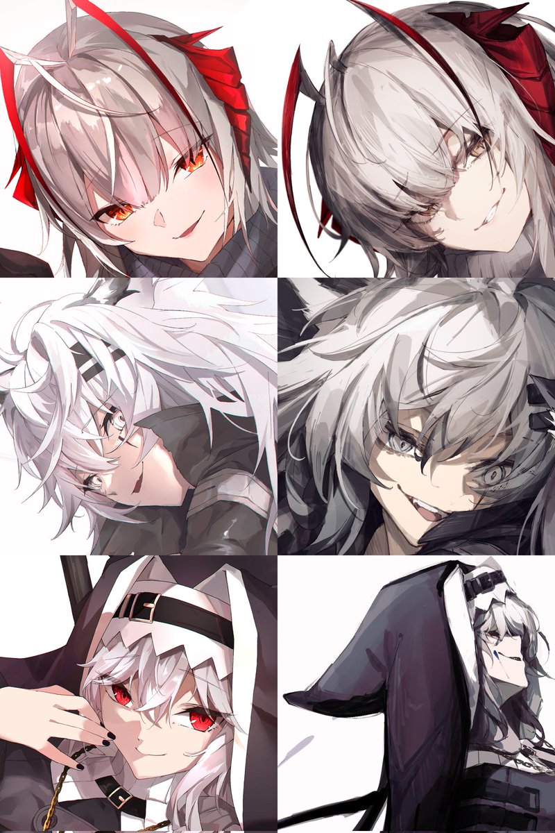 lappland (arknights) ,specter (arknights) ,w (arknights) multiple girls habit horns nun grey eyes smile red eyes  illustration images