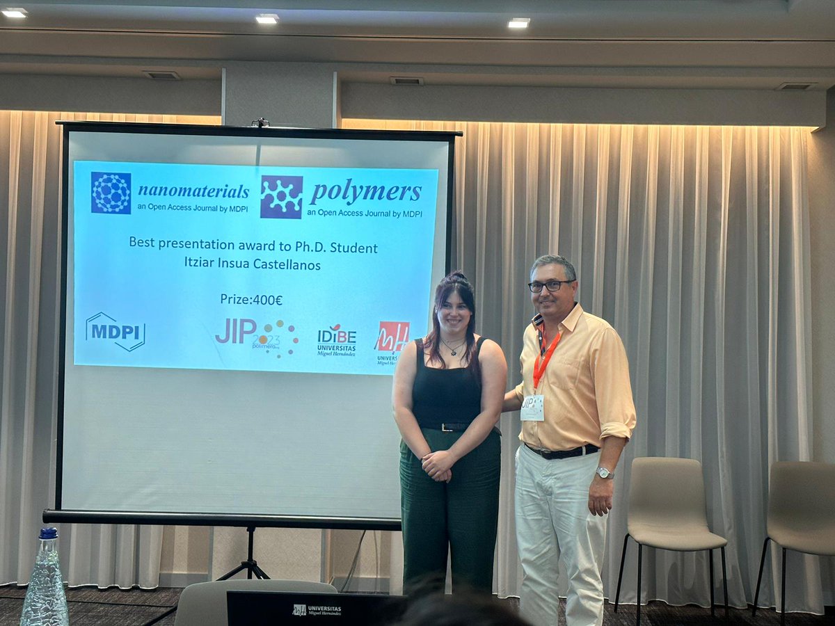 GrupoDVNano's tweet photo. Congratulations to the winners of the Best Presentation awards at #JIP23! 🏆👩🔬 Goretti Arias (PhD) and Itziar Insua (PhD student) displayed outstanding research. Huge thanks to @Polymers_MDPI and @Nano_MDPI journals for sponsoring these awards and fueling scientific excellence! https://t.co/4cHzY6Y5F5
