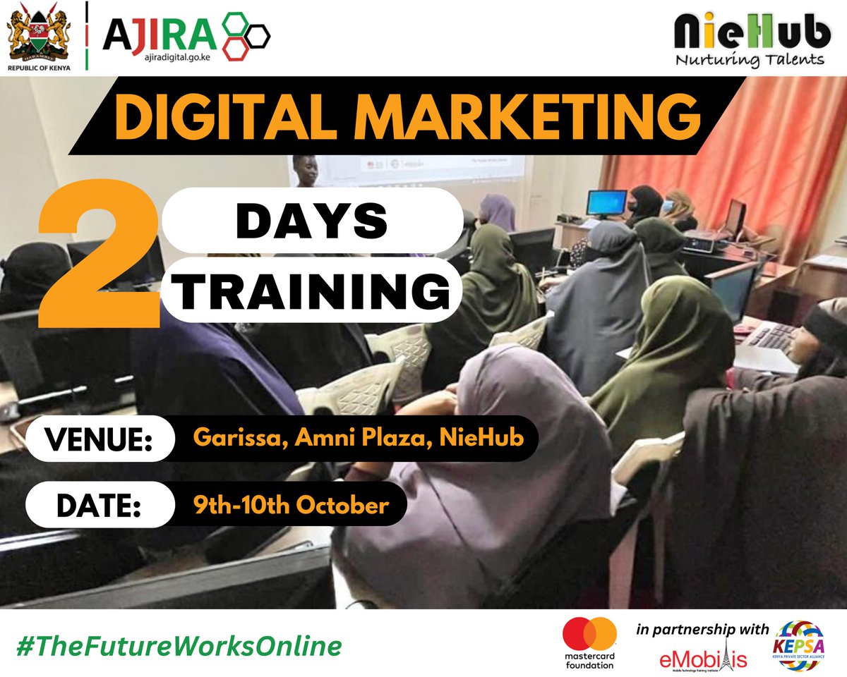 .<a href="/NIEhub/">NieHub</a>, in partnership with <a href="/AjiraDigital/">Ajira Digital</a> &amp; <a href="/eMobilis/">eMobilis Technology Training Institute</a>, organized a 2-day training program in #Garissa aimed at equipping girls with crucial #digitalmarketing skills. This initiative seeks to empower women &amp; girls by providing them with the knowledge, necessary tools &amp; resources