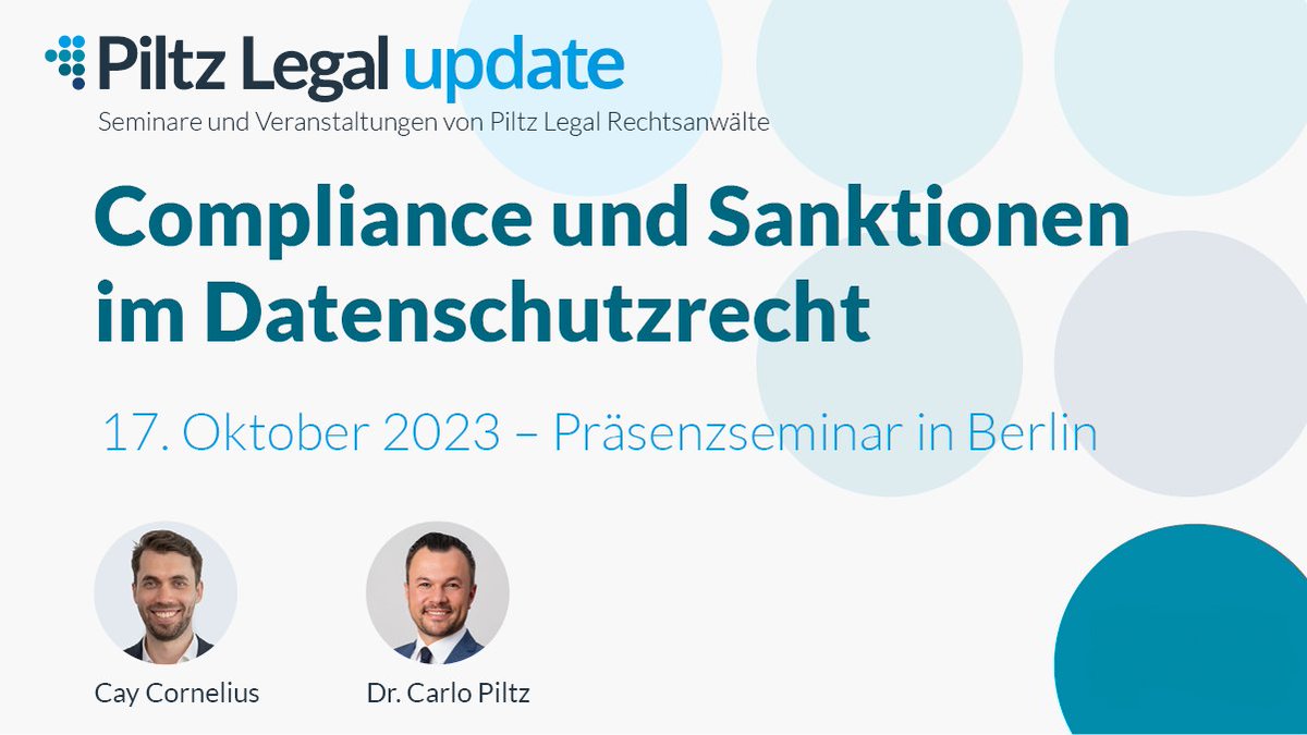 Nächste Woche in Berlin: <a href="/CayLCornelius/">Cay L. Cornelius</a> &amp; <a href="/CarloPiltz/">Dr. Carlo Piltz</a> informieren in unserem #PLU zu Compliance und Sanktionen im #Datenschutzrecht
Melden Sie sich gerne noch an➡️piltz.legal/events/complia…