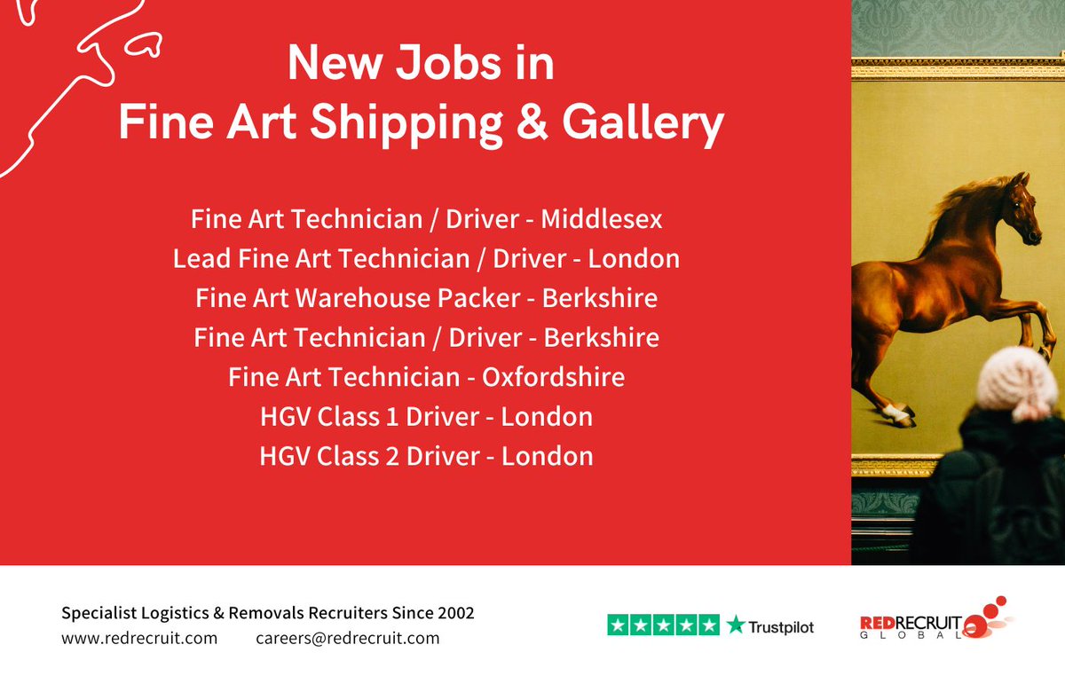 Redrecruit's tweet photo. Additionally, we have lots of #FineArtShipping and #Gallery jobs available!

To find out more, please follow our link - https://t.co/72rmuB4YVI

#jobs #vacancies #careers #hiringnow #jobsearch #recruiting #employment #recruitmentagency
https://t.co/8BgsEETsDE https://t.co/sLdHhX8nDp