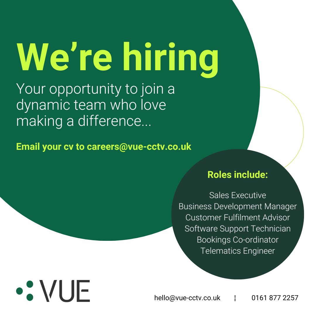 We're hiring!

We're looking for more people to join our dynamic team at VUE with a variety of roles currently available, including; a Sales Executive, Telematics Engineer, Business Development Manager, and 1st Line Software Support Technician.

#careers #manchesterjobs #TeamVUE