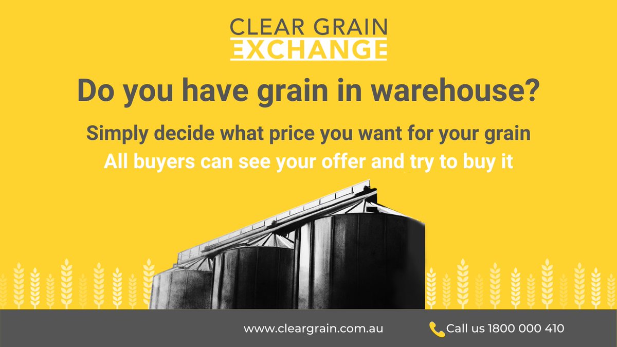 ClearGrain's tweet photo. You can now offer your 23/24 season grain stored at @cbhgroup for sale on @ClearGrain
Get your grain in front of +300 buyers this harvest
Trades
#ANW2 Kwi $410
#APW2 Kwi $410
#ASW1 Adl $365
#BAR1 Mel $328
Show ALL Buyers🔍what YOU WANT with Firm Offers of any grain🤔at Your Price 💰
https://t.co/dmYBTXVsSr 📲1800000410