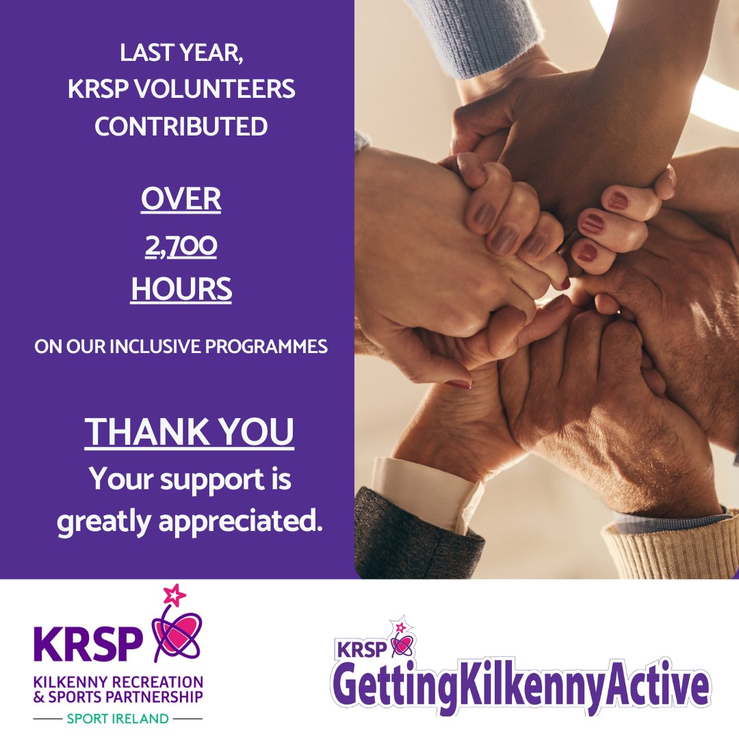 Last year KRSP recruited over 70 volunteers who contributed in excess of 2,700 hours to our programmes for people with additional needs. It wouldn't be possible to hold these events without their help so we'd like to say a huge THANK YOU! #gettingkilkennyactive @sportireland