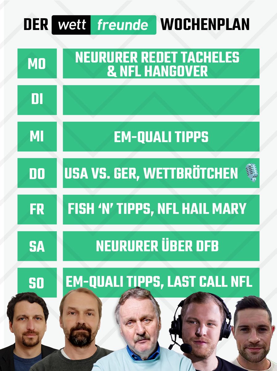 wettfreunde's tweet photo. Auch in dieser Woche wartet wieder ein saftiges Programm auf euch 😋

Neururer, EM-Quali Tipps, @WettBroetchen - alles dabei 🤝

#Wettigel #Podcast #Fussball #NFL #DFBteam https://t.co/soCqDINgpU