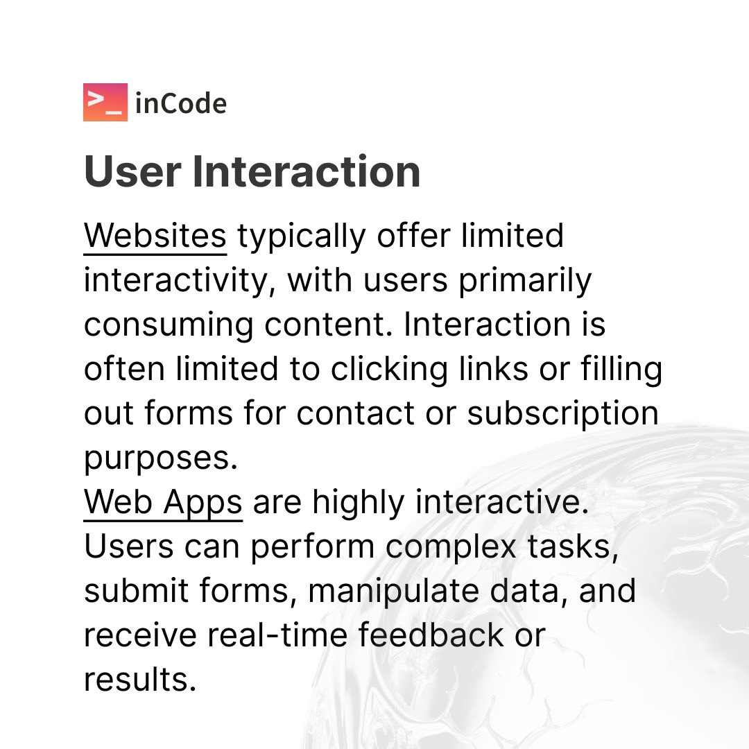 inCode_Systems's tweet image. When it comes to your online presence, it&apos;s crucial to understand the distinction between a #website and a web application. Let&apos;s break down the differences to help you make an informed choice

#WebDevelopment #WebDesign #WebApps #WebsiteDesign