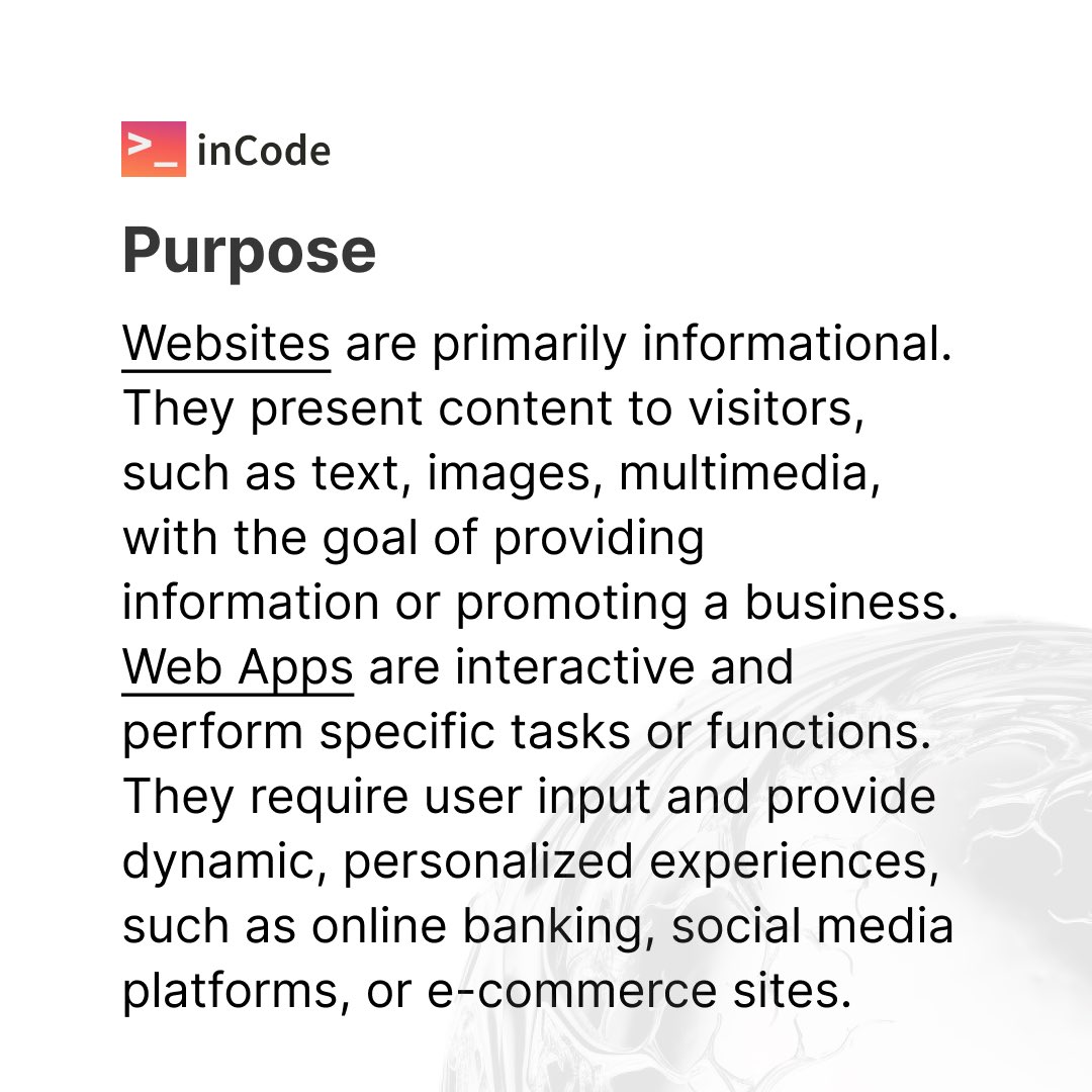 inCode_Systems's tweet image. When it comes to your online presence, it&apos;s crucial to understand the distinction between a #website and a web application. Let&apos;s break down the differences to help you make an informed choice

#WebDevelopment #WebDesign #WebApps #WebsiteDesign
