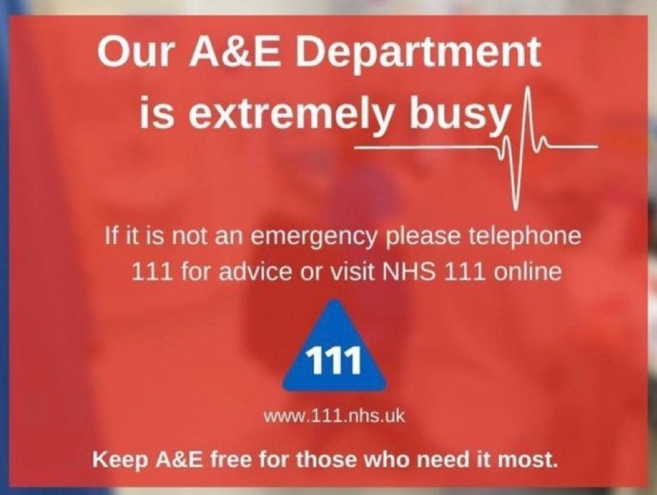 Our Emergency Department is currently really busy with &gt; 100 patients &amp; long waits for wards. Our teams are doing everything they can to see and treat patients as quickly and safely as possible as always. 
Please make sure you use the most appropriate place for your health needs.