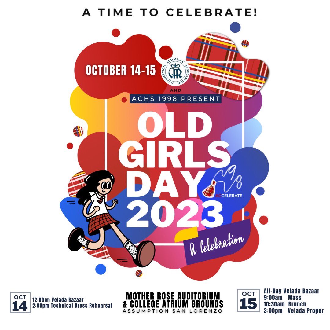 ACBasicEd's tweet image. Looking forward this weekend! 
Join us this October 14-15, for Old Girls Day!

Presented by the Assumption Alumnae Association - AAA and ACHS Batch 1998

#assumptionvelada #assumptionvelada2023 #accelerate98 #oldgirls #oldgirlsday