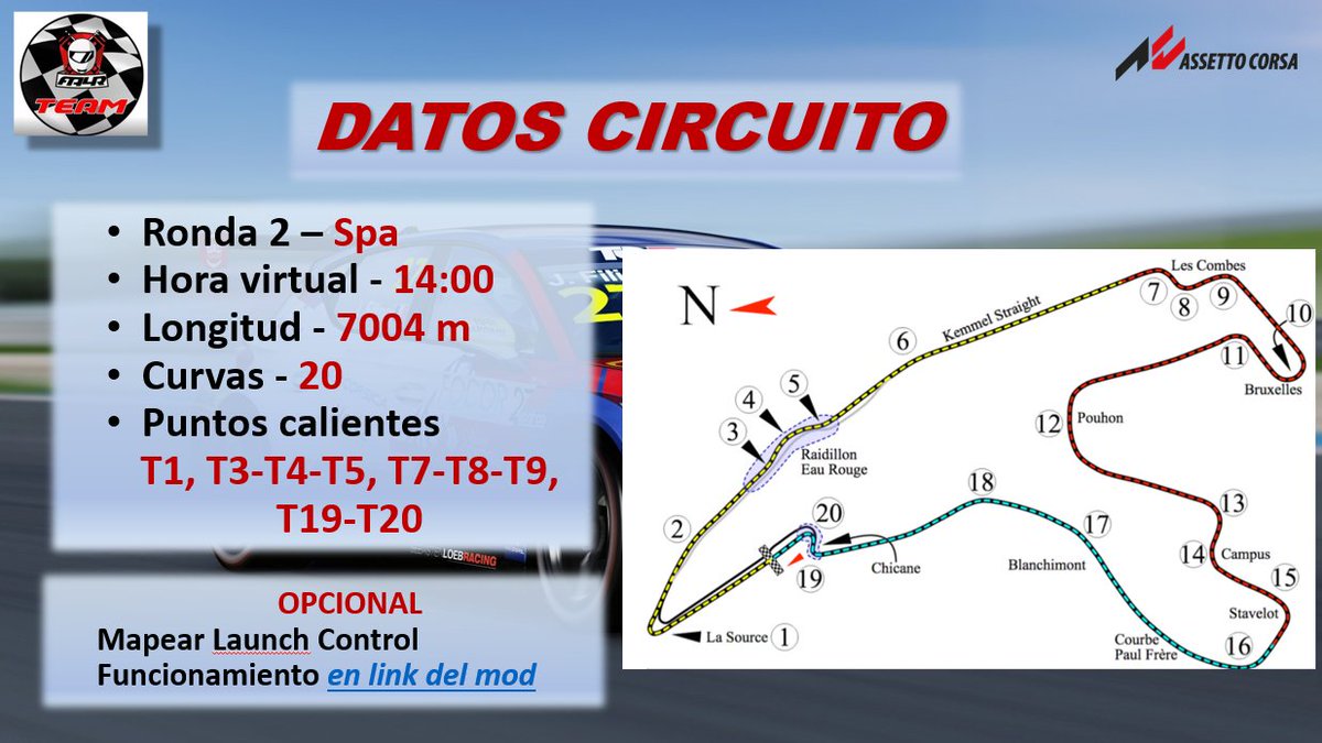 🔜🏁 Ya estamos listos para la siguiente carrera del campeonato Cupra León Competición en Assetto Corsa.  

2⃣🇧🇪 Lunes 09/10/23, ronda 2 desde el circuito de Spa-Francorchamps.

⏰👇 
- 21:50 Briefing 
- 22:00 Clasificación 
- 22:15 Carrera