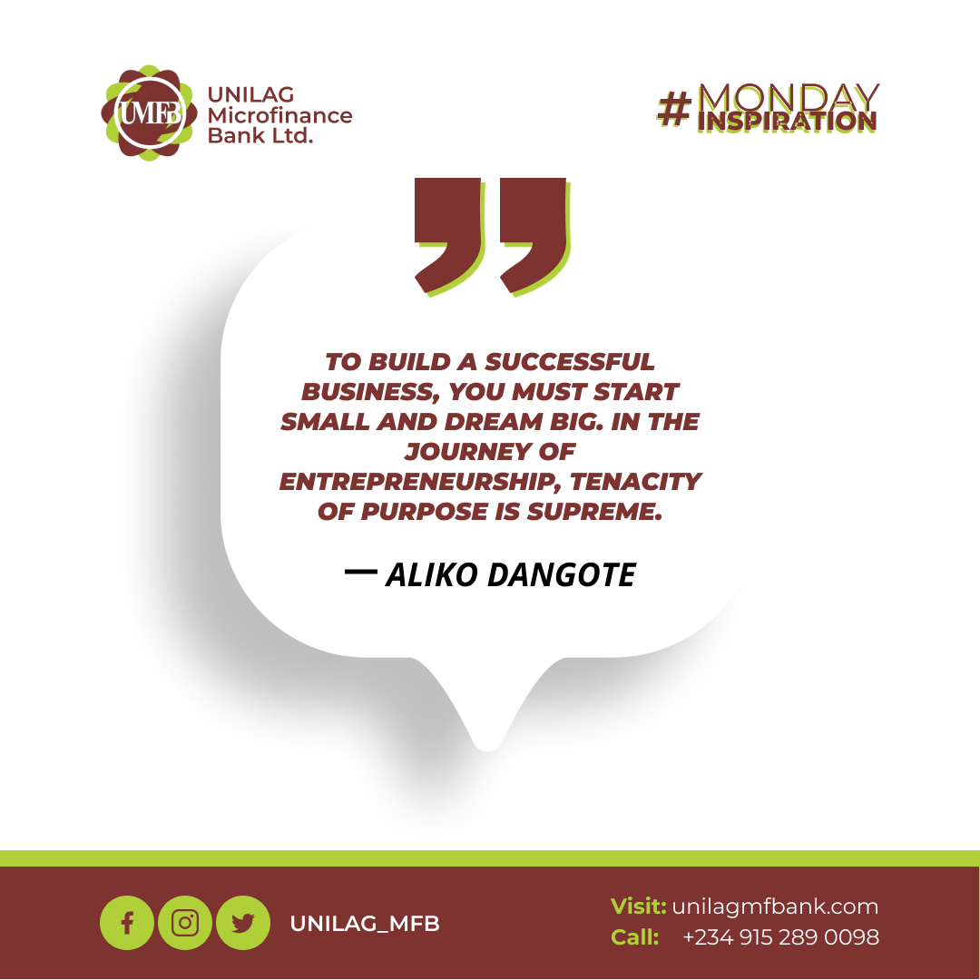 unilagmfb's tweet photo. Start small, dream big, and conquer the week with unwavering determination! 💪✨

At Unilag Mfb, we promise to be by your side at every step of the way.

#mondaymotivations #EntrepreneurshipJourney https://t.co/QCp4VbE6fI