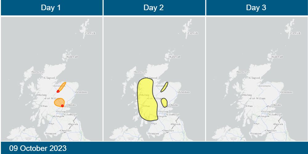 Scottish Flood Forecast - 2023-10-09
Today's 3-day Scottish Flood Forecast is now available on our website.

Find out if flooding is forecast in your area, what impacts it may have, and what actions you can take in advance.
 scottishfloodforecast.sepa.org.uk/public?d=2023-…