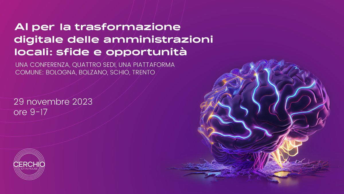 Il 29 novembre a Trento, Bologna, Bolzano e Schio si parla dell’impatto #IntelligenzaArtificiale sulla trasformazione digitale delle amministrazioni locali. Evento promosso dal Cerchio ICT <a href="/Lepida/">Catherine Johnston</a> @PasubioTecnologia @InformaticaAltoAdige <a href="/Tndigit/">Trentino Digitale</a>. #AI
Info:tinyurl.com/yc3k4n5n