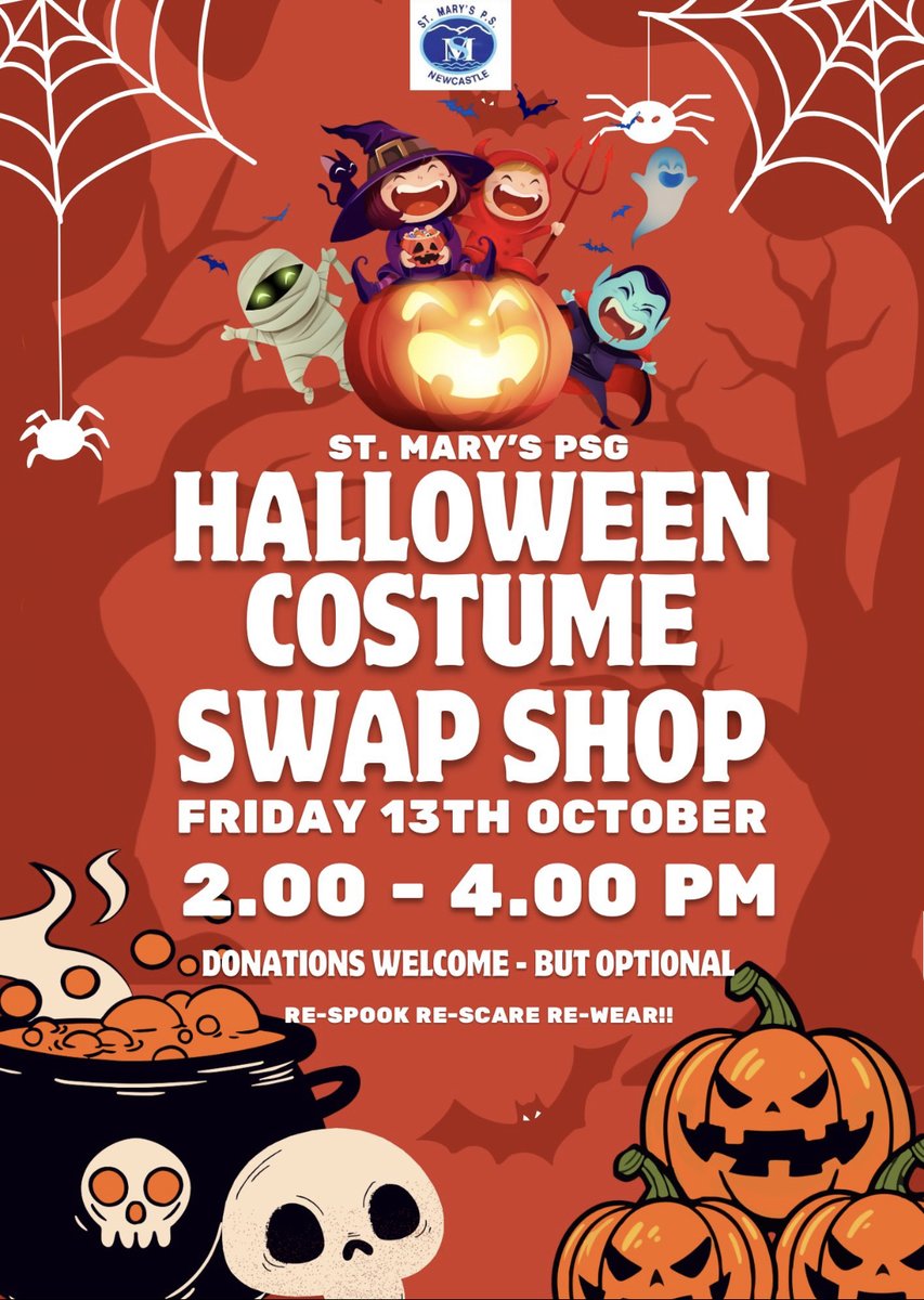 StNewcastle's tweet photo. Halloween costume swap shop takes place this Friday 13th October between 2 - 4pm.  Please leave in all Halloween costumes on or before Tuesday 10th October.  The swap shop will take place in the School Canteen. https://t.co/yaAlZsvCvz