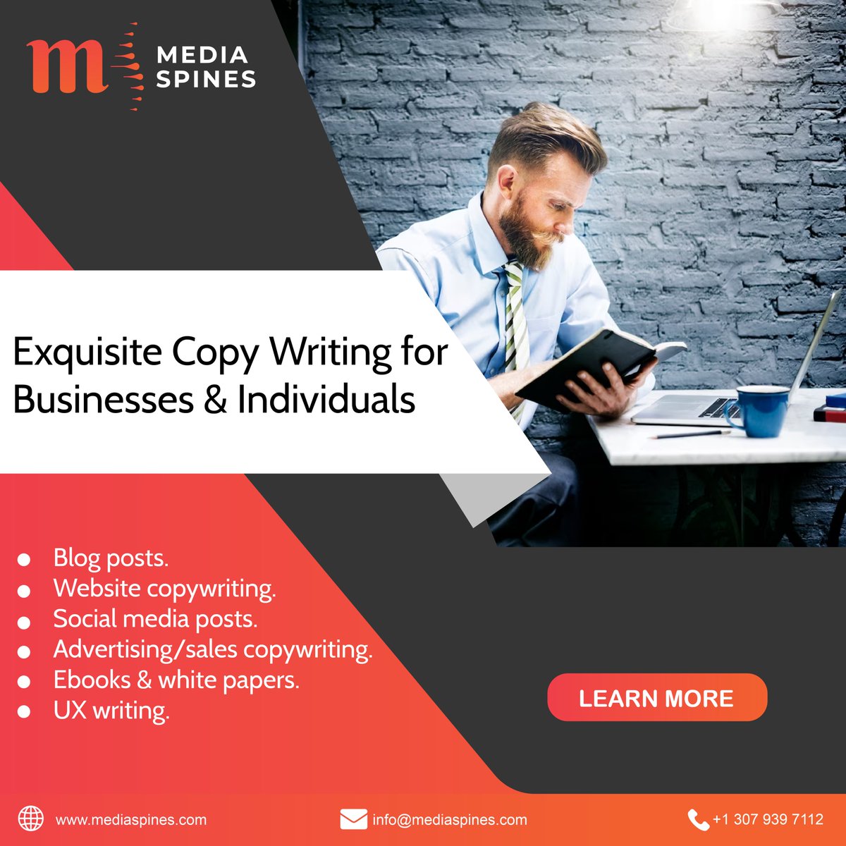 We have a team of competent writers with great writing skills. Get your writing work done with Media Spines.

#blogposting #websitecopywriter #socialmediaposts #salescopywriting #ebookwriter #uxwriting #usaseoservices #digitalmarketingexperts #advertisingcopywriter #writers
