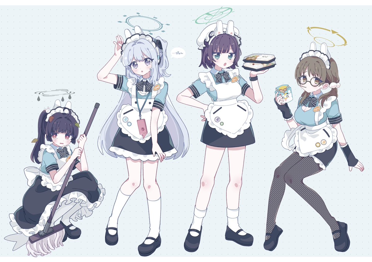 miyu (blue archive) multiple girls pantyhose 4girls apron halo maid headdress glasses  illustration images