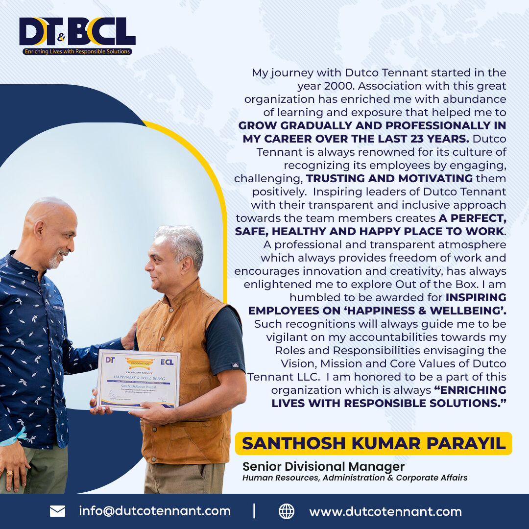 Our #BestEmployeeAward goes to Mr. SANTHOSH KUMAR PARAYIL who consistently goes above and beyond to make our workplace brighter and better.

#employeerecognition #EmployeeAchievements #DTBCL #DutcoTennantLLC