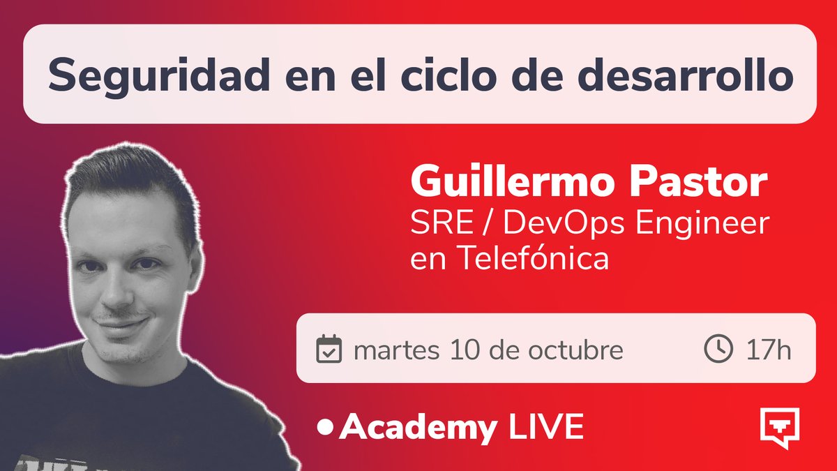 geekshubs's tweet image. Mañana en #AcademyLIVE tenemos a @GuillePastor15 para dar una Masterclass Gratuita sobre Seguridad en el ciclo de desarrollo. Una oportunidad para conectar con grandes profesionales del sector y ampliar conocimientos 🚀 ¡Regístrate y recibe el acceso ya!👉share.hsforms.com/1O4DmXLZ_TCuLL…