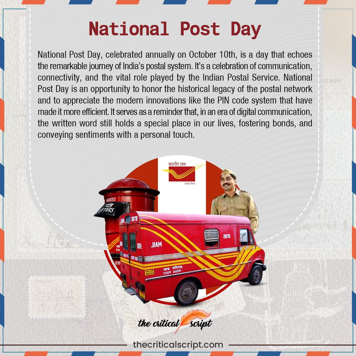 ScriptCritical's tweet photo. National Post Day, celebrated annually on October 10th, is a day that echoes the remarkable journey of India’s postal system.
#NationalPostSystem #PostOffice #Postal #India #DakSewa https://t.co/HVnZPZqzAU