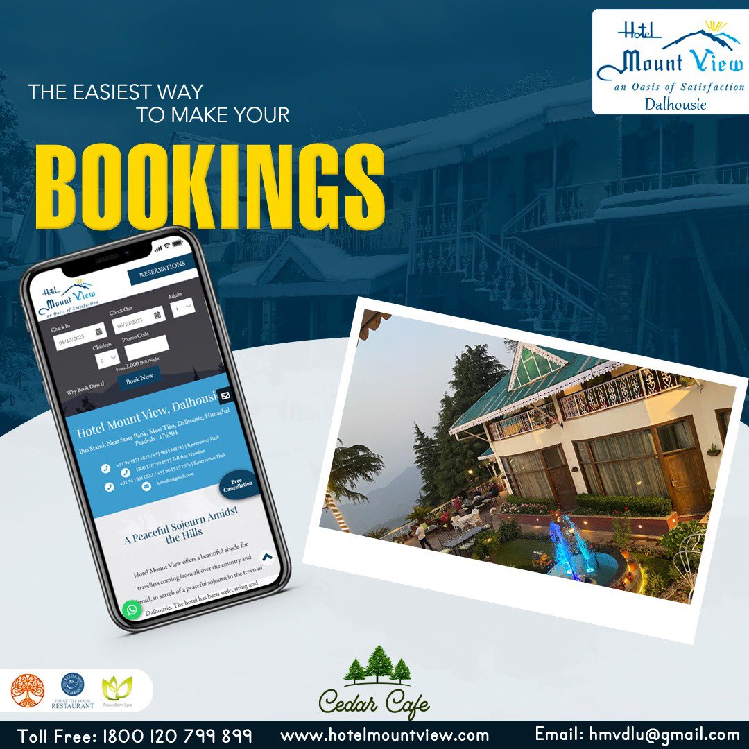 hotelmountview1's tweet photo. Dalhousie awaits you ….
Book Online with us on …
https://t.co/U0fYogQpQd
Call Toll Free 1800 120 799 899
#booknow #mymountview #hotelindalhousie
#dalhousiediaries #himachalpradesh #travel
#hotelforvacation #himachaltourism #GuestExperience #viewing #viewpoint https://t.co/4AvCwM2QBZ