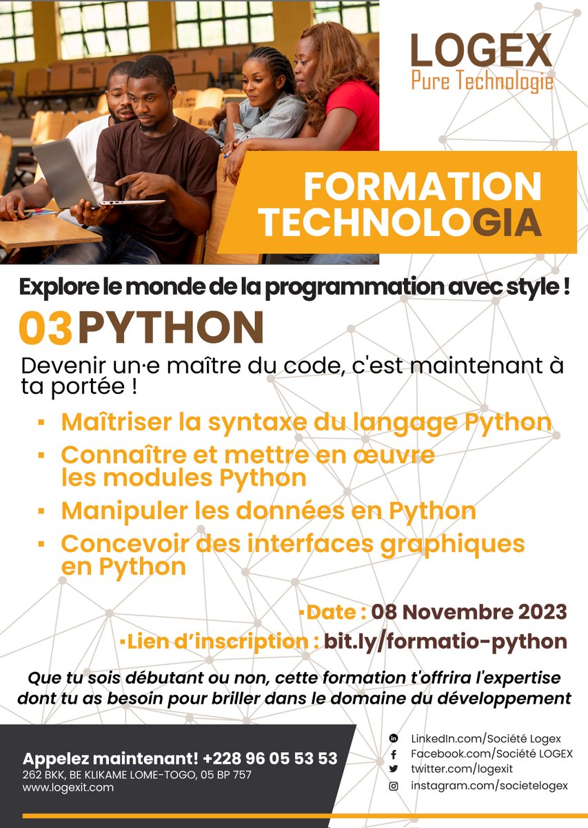 logexit's tweet photo. Découvrez nos quatre Formations Technologia chez LOGEX en suivant ces différents liens :

1. Laravel : https://t.co/OJVdLE7dne  

2. Java : https://t.co/yGpUAPbshy 

3. Python : https://t.co/kRJ0YOFVCA 

4. Flutter : https://t.co/alTfFFH2Ny 

Contactez nous au +228 96 05 53 53 https://t.co/apepRSPKWJ