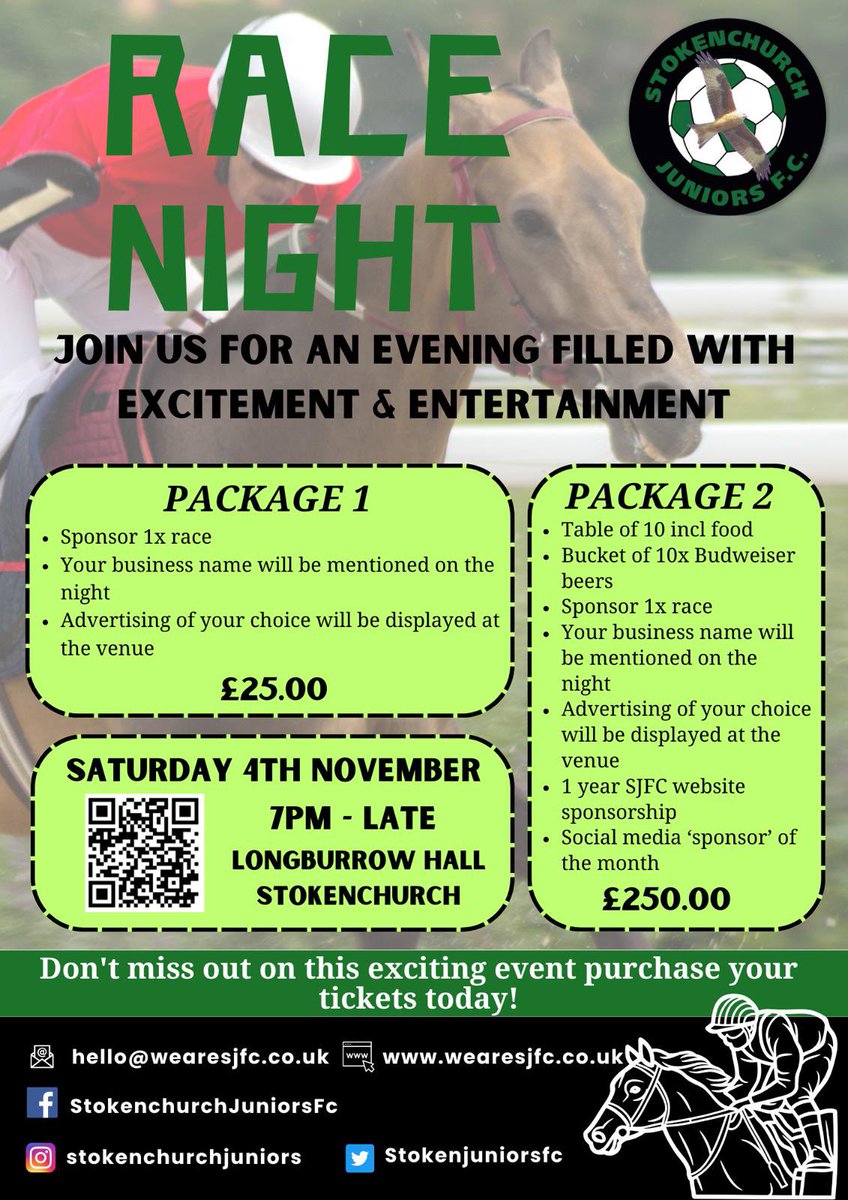 #highwycombebusinesses would you like to advertise your business at our next event? Race night 4th November 2023 at Longburrow Hall #highwycombe #grassrootsfootball #sponsorship #stokenchurch