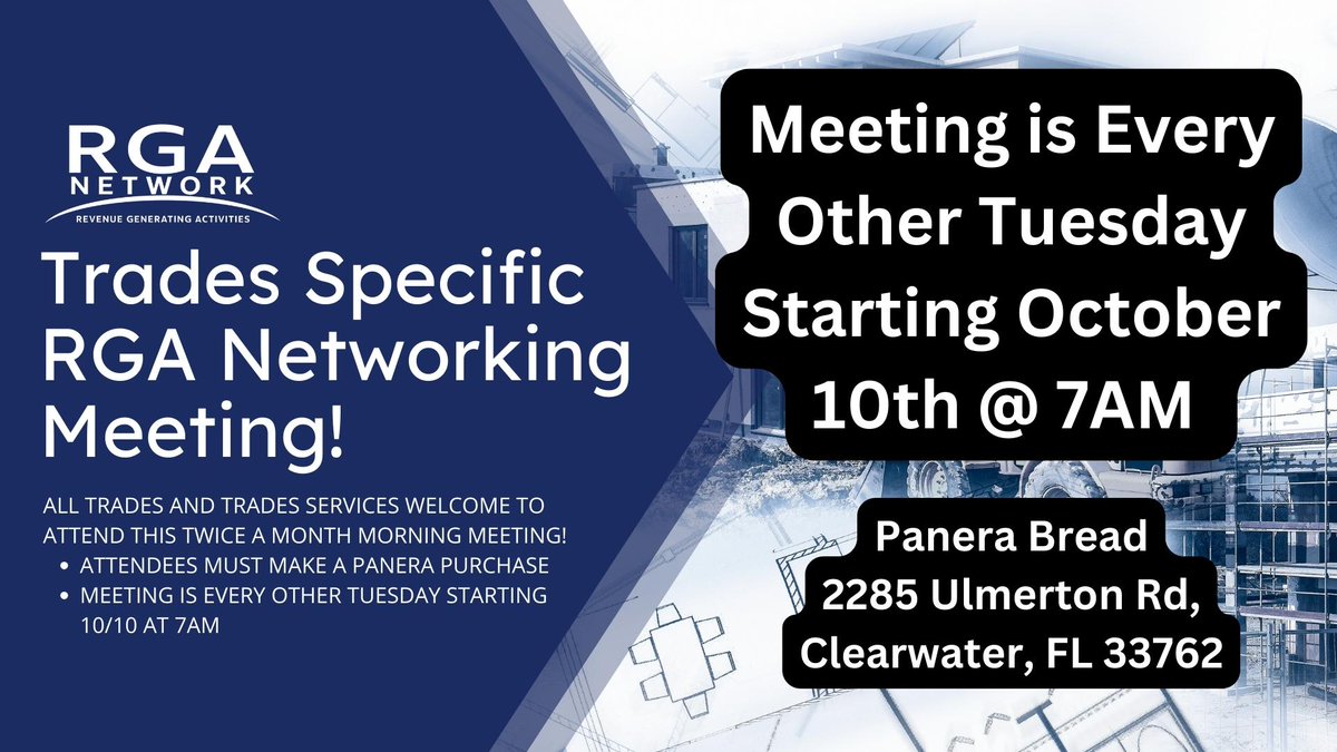 RGANetworking's tweet photo. Check out "RGA Trades and Construction Specific Networking, Business over Breakfast" https://t.co/l2fPHOkiWw @Eventbrite https://t.co/XFDHst8LOm